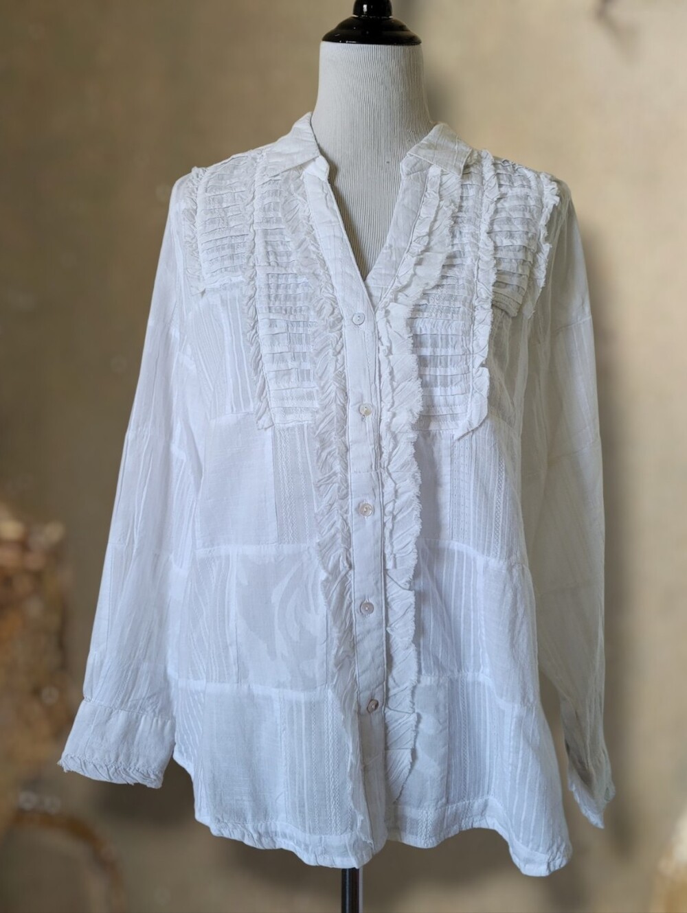 Sundance Catalog White Cotton Peasant Textured Patchwork Button Down Long Sleeve